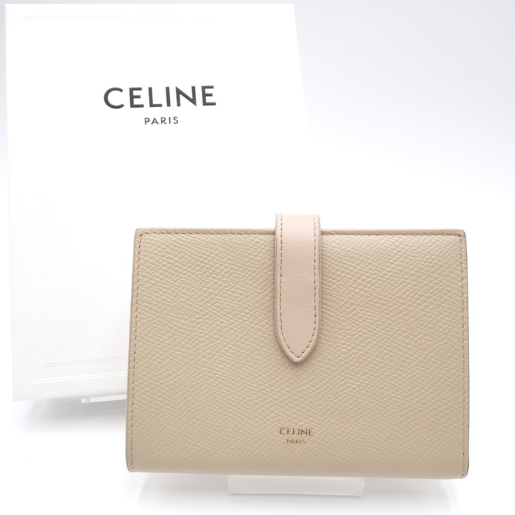 CELINE(セリーヌ)ストラップウォレット 二つ折り財布 コンパクトウォレット ベージュ レザー ゴールド金具 レディース【中古】