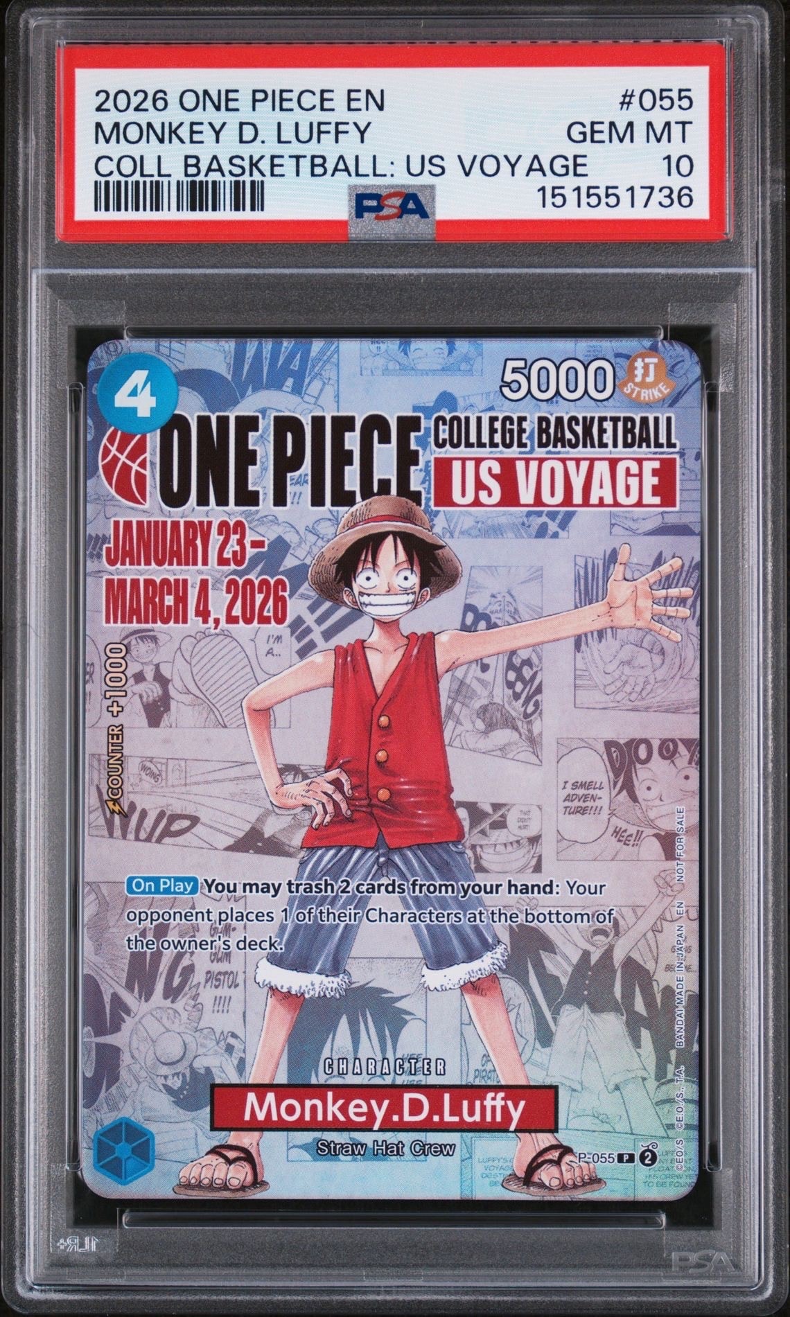 モンキー・D・ルフィ:P (開封済) [P-055]【英語版】(プロモーションカード「ワンピース カレッジ バスケットボール:USボヤージュ」)