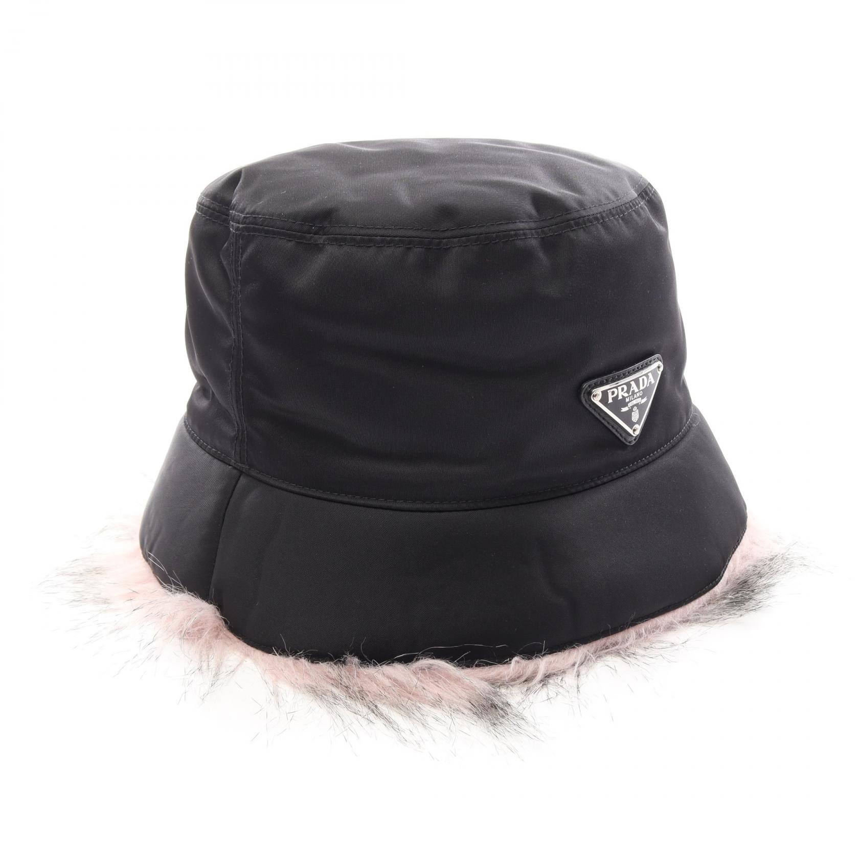 プラダ PRADA Re-Nylon ファー付き バケット ハット 帽子 ナイロン アクリル レディース ブラック系 / ピンク系 【中古】