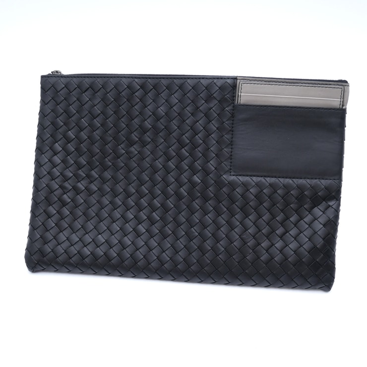 BOTTEGA VENETA(ボッテガ・ヴェネタ)イントレチャート クラッチバッグ セカンドバッグ ブラック レザー カードホルダー付 549043 V4651【中古】