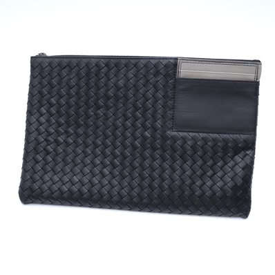 BOTTEGA VENETA(ボッテガ・ヴェネタ)イントレチャート クラッチバッグ セカンドバッグ ブラック レザー カードホルダー付 549043 V4651【中古】