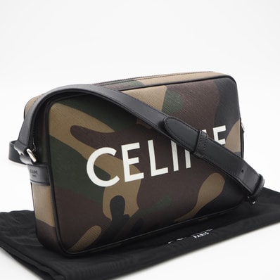 美品 CELINE セリーヌ コーティングキャンバスキャンバス カーフスキン ホリゾンタル メッセンジャー 194502DFF ショルダーバッグ カーキ ブラウン ブラック コーティングキャンバス レザー メンズ