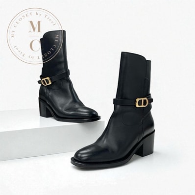 クリスチャンディオール CHRISTIAN DIOR DIOR EMPREINTE ブーツ ショートブーツ 靴 シューズ レザー ブラック 黒 ゴールド ベルト ロゴ