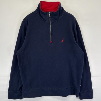 古着 ノーティカ NAUTICA スウェット ハーフジップ トレーナー ワンポイントロゴ刺繍 M ネイビー メンズ
