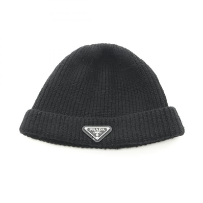プラダ PRADA 三角プレート ニットキャップ ニットキャップ 帽子 ウール カシミヤ レディース ブラック系 UMD489 【中古】