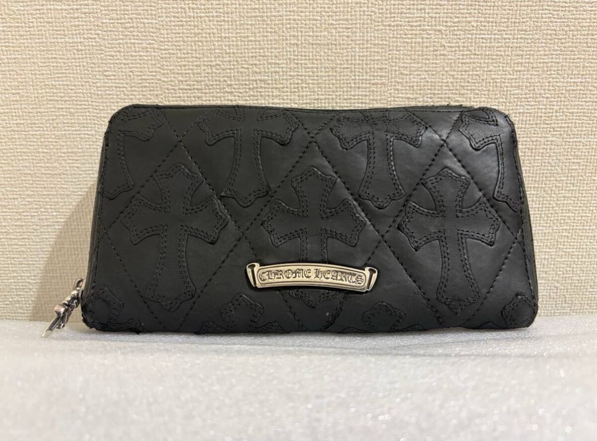 美品 CHROME HEARTS クロムハーツ REC F ZIP QUILTED レザー セメタリーキルテッドクロス ラウンドZIP ロング ウォレット 長財布 レザー