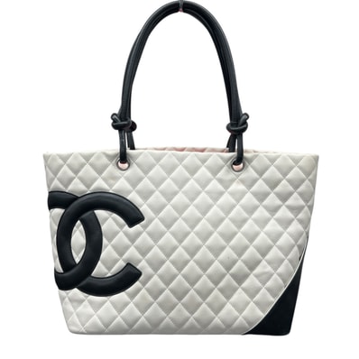 CHANEL 希少 美品 シャネル カンボンライン ラージ トートバッグ A25169 レザー 9番台シリアル ホワイト ブラック ギャランティカード付属 ショッピングバッグ ハンドバッグ シルバー金具 ココマーク ABランク 鑑定済 中古 シャネルバッグ
