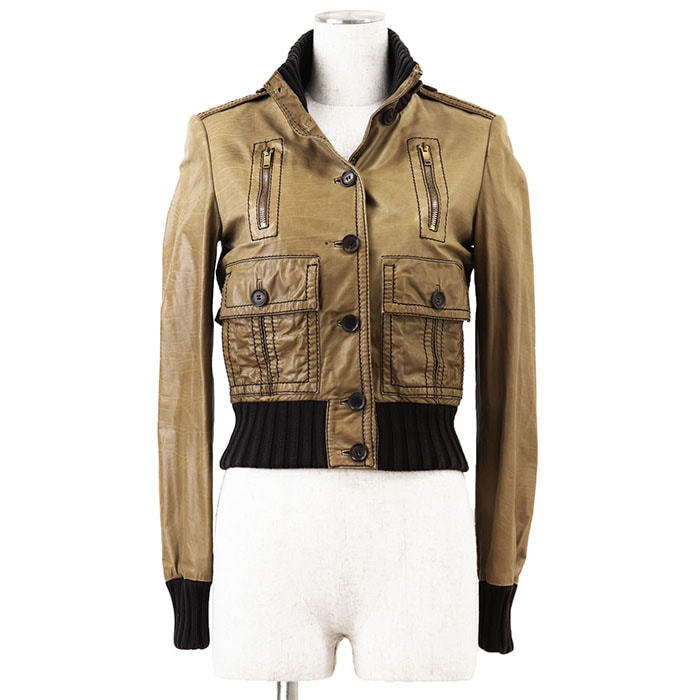 GUCCI グッチ マドンナボンバー カウレザー ジャケット GG ロゴ インターロッキング ライニング ボタン ミリタリー ショートレングス 短丈 ウエストベルト ブルゾン アウター レディース サイズ 38 カーキ ブラウン 黄 茶色 イタリア製