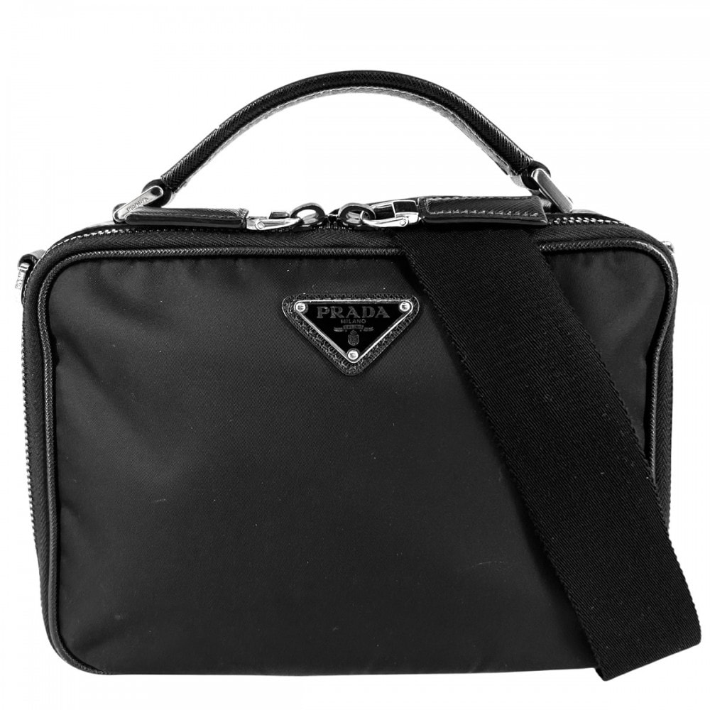 PRADA プラダ 2WAY ブリック  トライアングルロゴ ショルダーバッグ ハンドバッグ 肩掛け 斜め掛け メンズ レディース 男女兼用 2VH069 ナイロン  サフィアーノレザー   ブラック 黒 シルバー金具 ユニセックス【中古品】