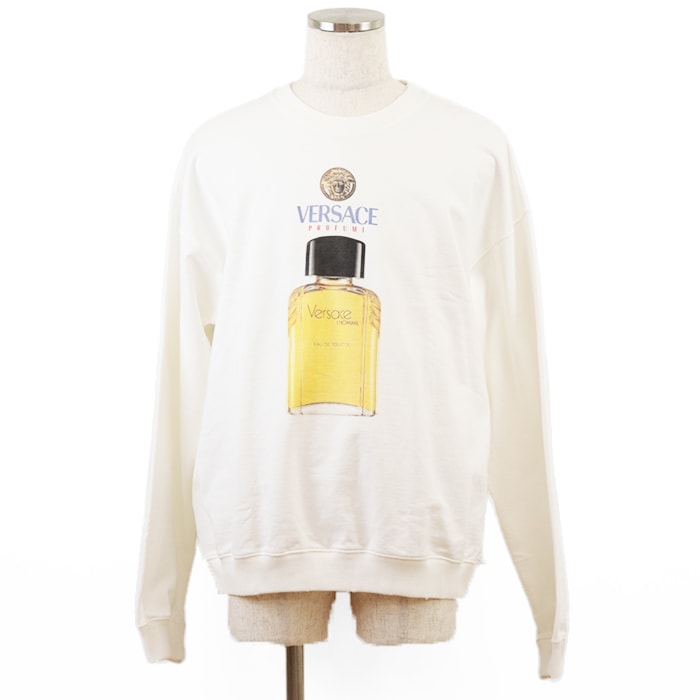美品 ヴェルサーチ /HOMME PROFUMI 香水 プリント メデューサ トレーナー イタリア製 スウェット メンズ ホワイト XL VERSACE
