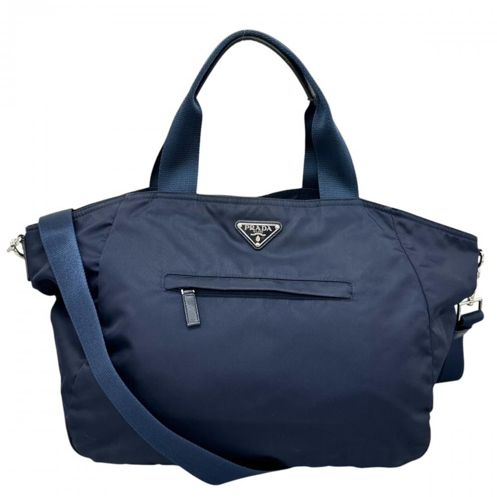 PRADA プラダ トートバッグ 2WAY トライアングルロゴ 肩掛け ナイロン  サフィアーノレザー   ネイビー 紺 シルバー金具 メンズ【中古品】