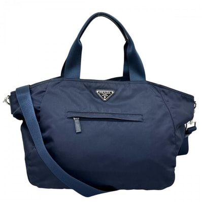 PRADA プラダ トートバッグ 2WAY トライアングルロゴ 肩掛け ナイロン サフィアーノレザー ネイビー 紺 シルバー金具 メンズ【中古品】
