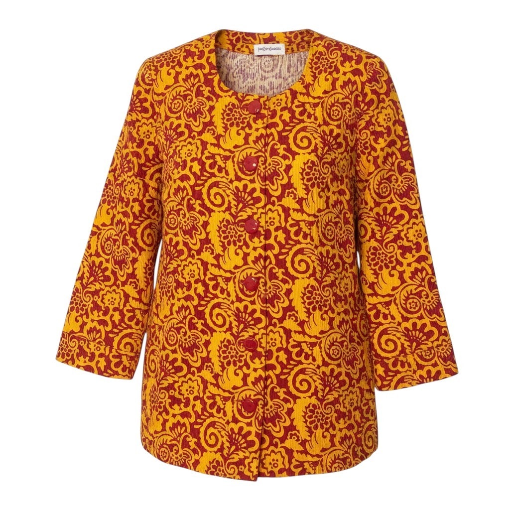 YVES SAINT LAURENT イヴ サンローラン ヴィンテージ 総柄プリント ノーカラージャケット オレンジ レッド コットン ノーカラージャケット A3-00343 【中古】