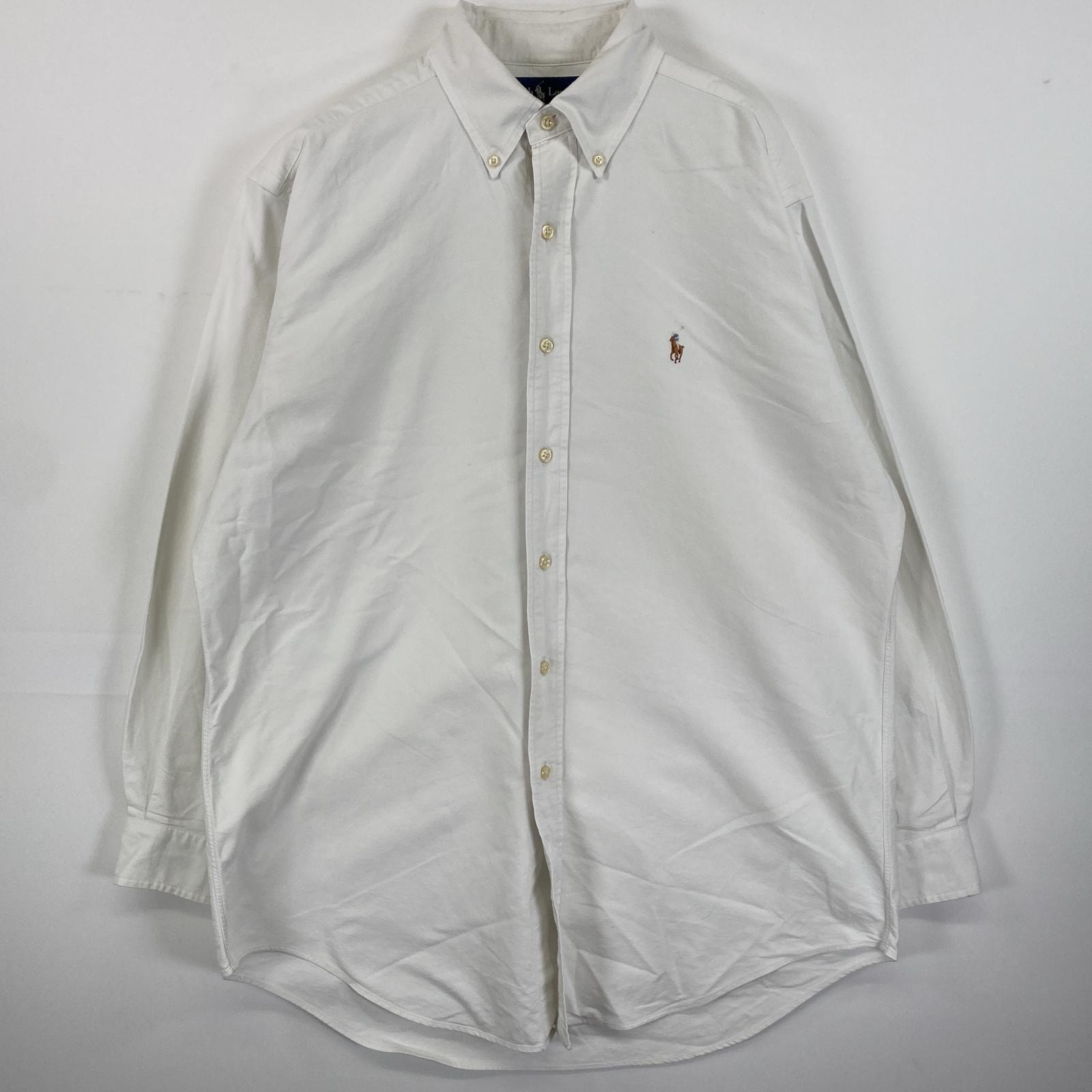 古着 90's/90年代 ラルフローレン RALPH LAUREN 長袖シャツ ボタンダウン ワンポイントロゴ刺繍 15 2/1  ホワイト 無地 メンズ