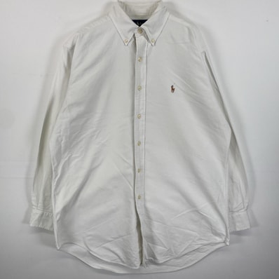古着 90's/90年代 ラルフローレン RALPH LAUREN 長袖シャツ ボタンダウン ワンポイントロゴ刺繍 15 2/1 ホワイト 無地 メンズ