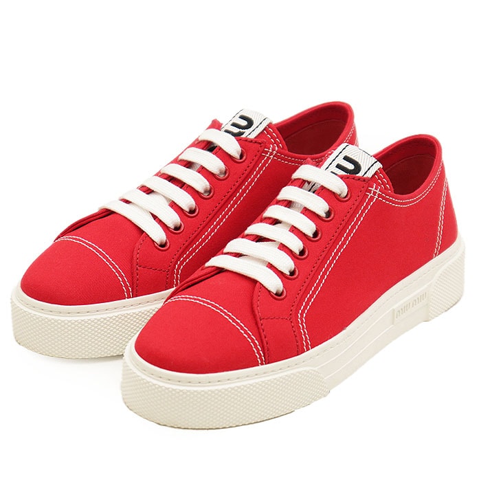 【新品同様】Miu Miu ミュウミュウ スニーカー キャンバス コットン100% ロゴ エンボス バイカラー ローカット レースアップ カップインソール シューズ 靴 レディース サイズ 35 1/2 レッド ホワイト 赤 白 ベトナム製 5E004D