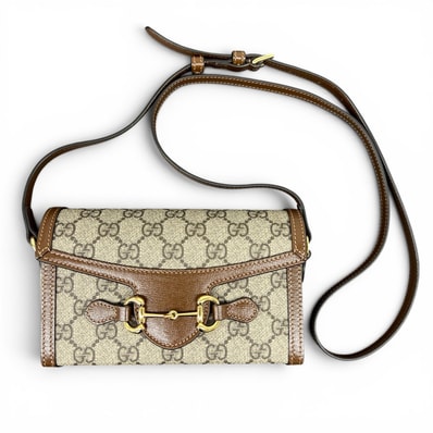 GUCCI 展示品級 美品 グッチ ホースビット 1955 ミニバッグ GGスプリーム ショルダーバッグ 699296 PVC レザー ベージュ ゴールド金具 クロスボディ ポシェット SAランク 中古 鑑定済 グッチバッグ