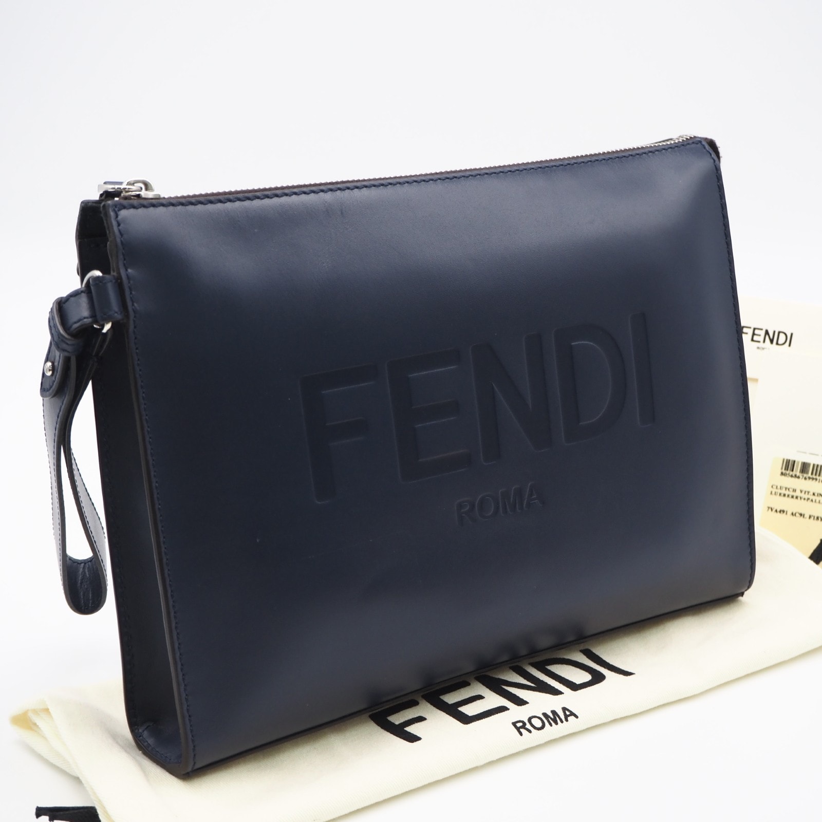 美品 FENDI フェンディ カーフスキン ローマ クラッチバッグ 7VA491 クラッチバッグ ネイビー カーフレザー メンズ