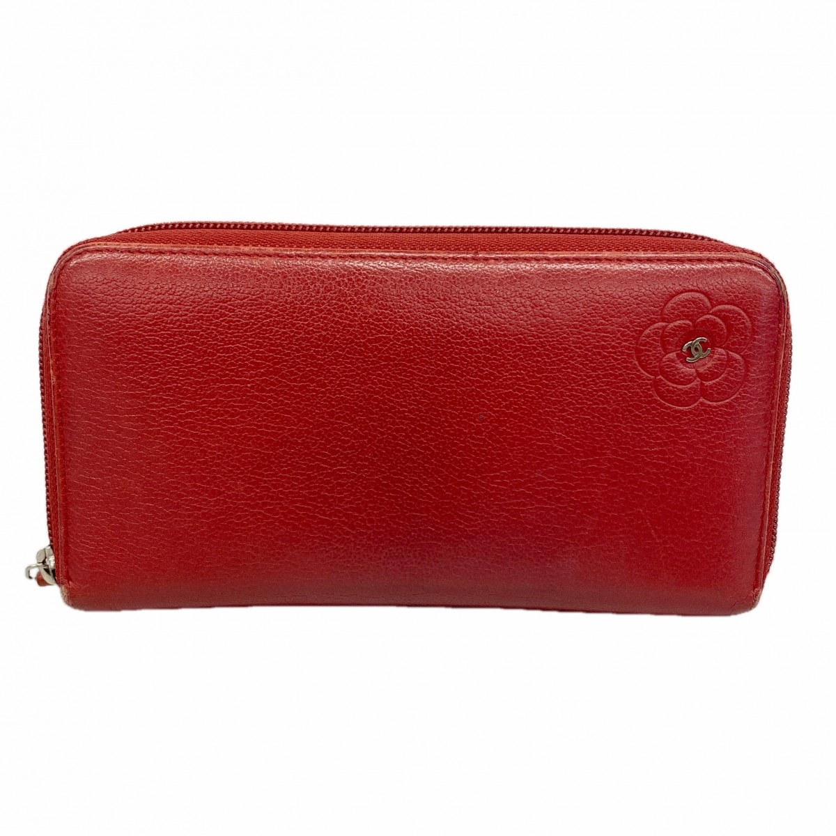 【6gd4110】シャネル 長財布 カメリア レザー レッド シルバー金具【中古】レディース