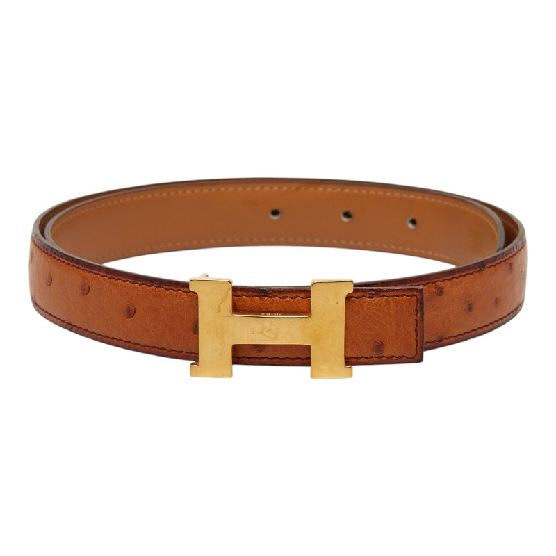 エルメス コンスタンス オーストリッチ Hロゴ バックルベルト □B刻印 ブラウン ゴールド レザー メッキ レディース HERMES 【中古】