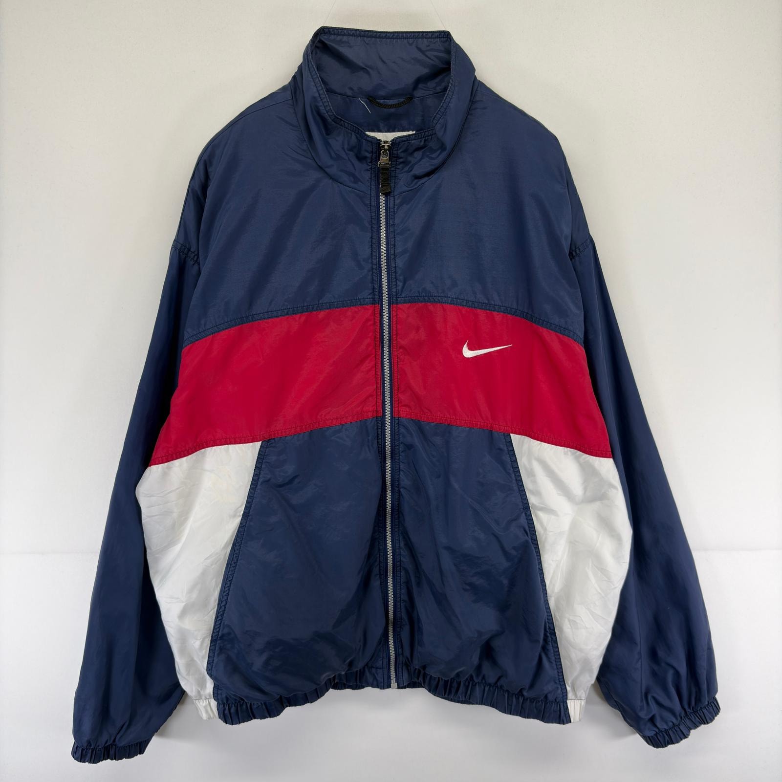 古着 90's/90年代 ナイキ NIKE ジャケット ロゴ 大きいサイズ 刺繍 ナイロン フルジップ スウッシュ 2XL  ネイビー系 メンズ