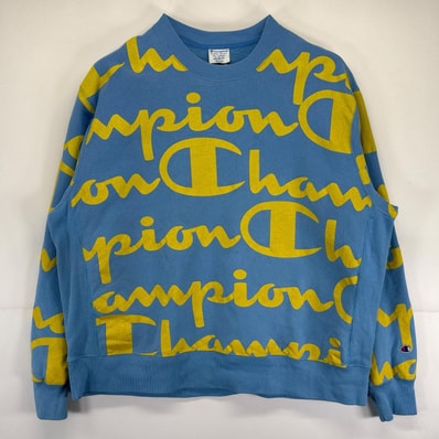 古着 チャンピオン Champion スウェット 大きいサイズ トレーナー クルーネック リバースウィーブ 総柄プリント ロゴプリント 3XL 水色 メンズ