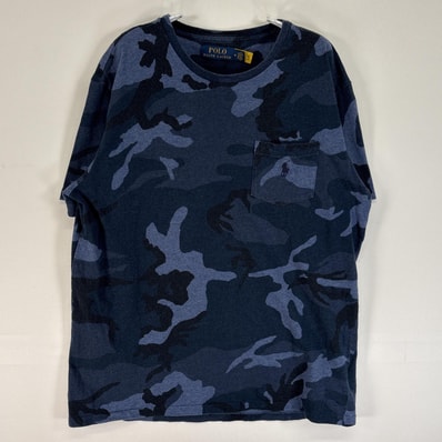 古着 ポロ・ラルフローレン POLO RALPH LAUREN 半袖Tシャツ ロゴ 刺繍 クルーネック 胸ポケ M ネイビー カモフラージュ(迷彩) メンズ