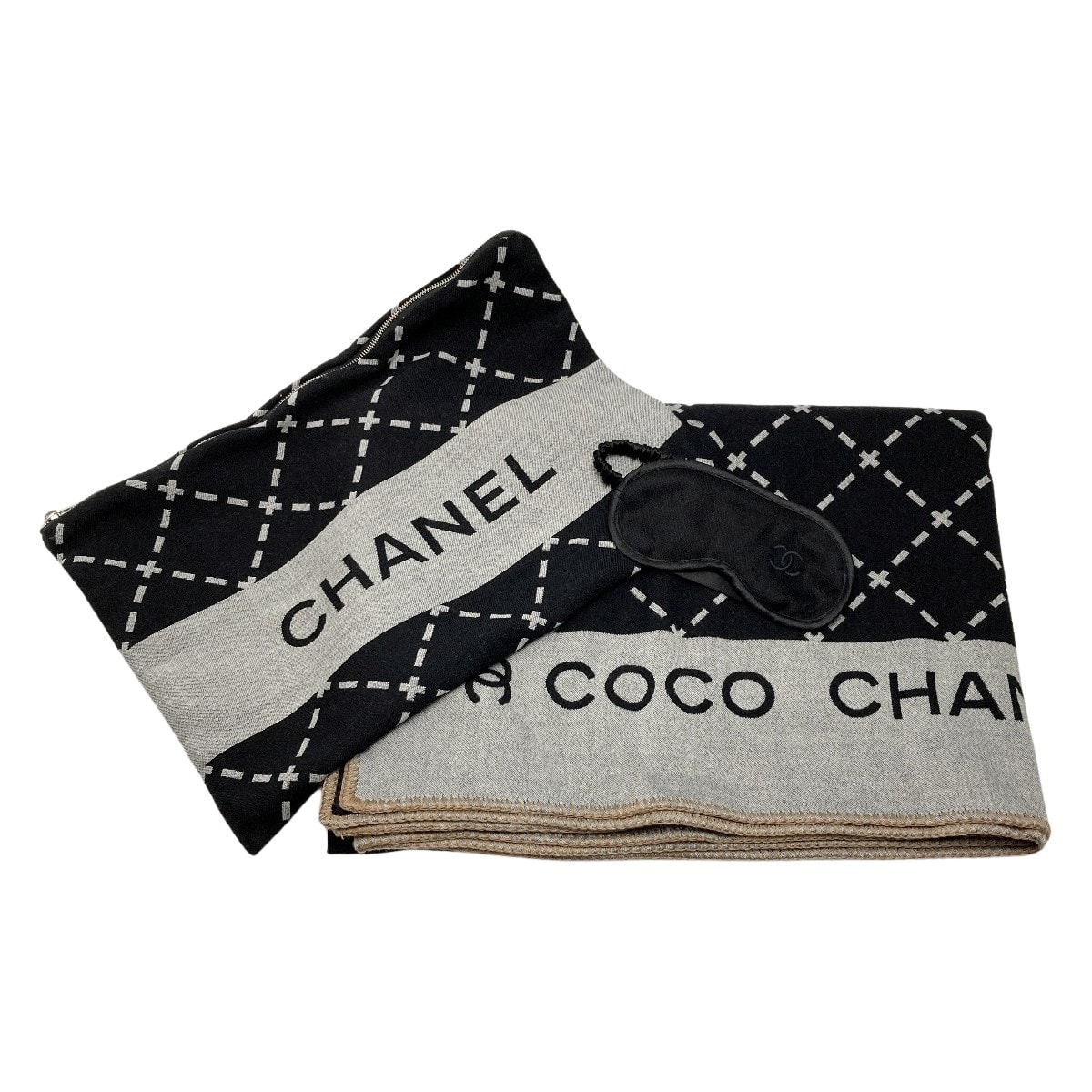 ☆☆CHANEL シャネル ココマーク トラベルセット ブランケット アイマスク ブラック×グレー ウール/シルク