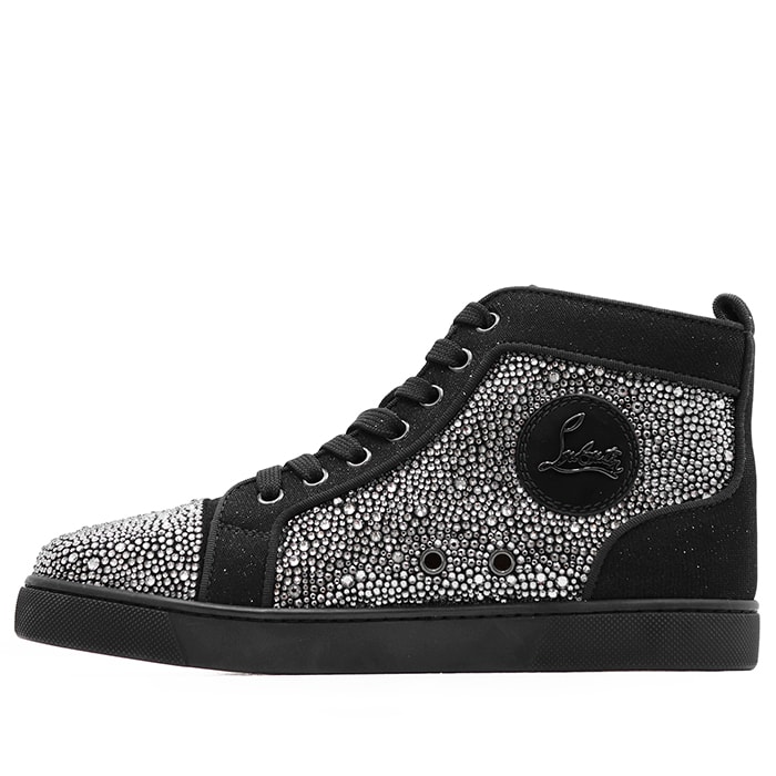 【新品同様】Christian Louboutin クリスチャンルブタン スニーカー Louis Strass 37 レディース メタルロゴ レザーパッチ ストラス クリスタル ラインストーン ハイカット 靴 ブラック シルバー 黒 銀色 伊製