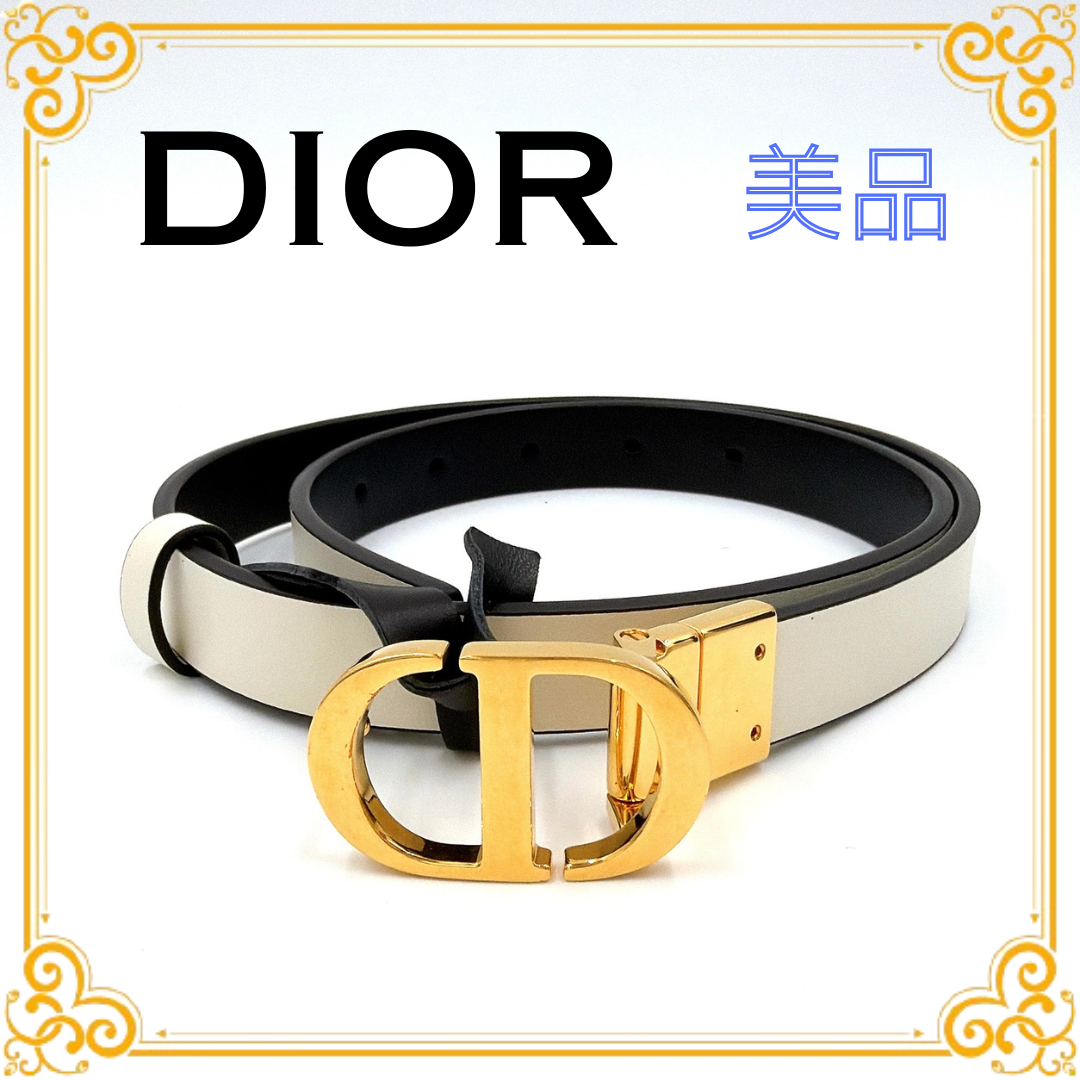 ■美品■ Christian Dior ディオール 30 MONTAIGNE モンテーニュ CDロゴ バックル ベルト アイボリー ゴールド金具 レザー レディース