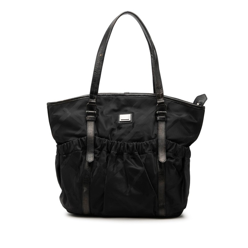 バーバリー ブルーレーベル チェック トートバッグ ハンドバッグ ブラック ナイロン レザー レディース BURBERRY 【中古】