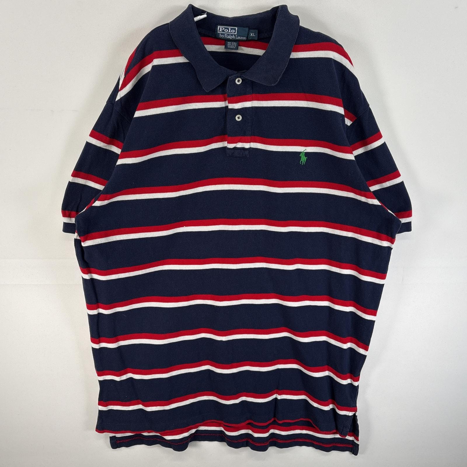 古着 90's/90年代 ポロバイラルフローレン Polo by Ralph Lauren 鹿の子 半袖 ポロシャツ ワンポイント ロゴ 刺繍 大きいサイズ ボーダー XL  ネイビー系 マルチカラー メンズ