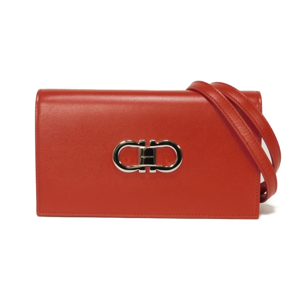 Salvatore Ferragamo サルヴァトーレフェラガモ ダブル ガンチーニ ミニ チェーン バッグ 現行 パルメラート カーフ 2WAY RFID ICチップ クロスボディ 美品 新ロゴ レッド ショルダーバッグ 218357