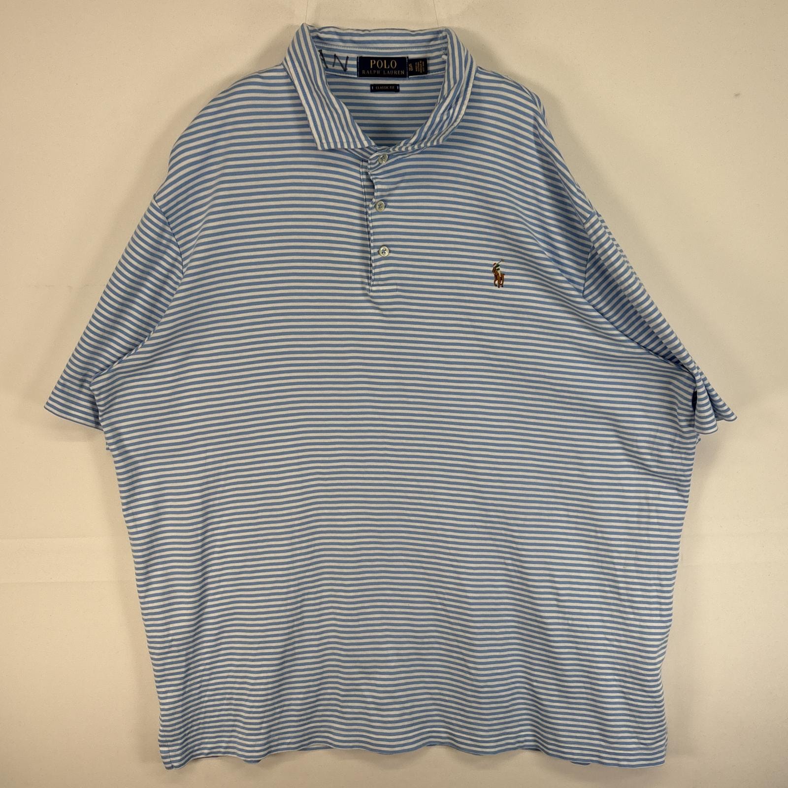 古着 ポロ・ラルフローレン POLO RALPH LAUREN 半袖 ポロシャツ ロゴ 刺繍 大きいサイズ 3ボタン XL  水色 ボーダー メンズ