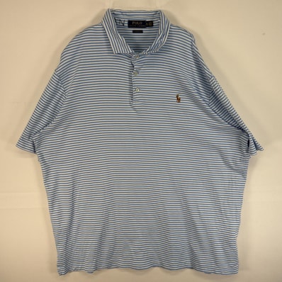 古着 ポロ・ラルフローレン POLO RALPH LAUREN 半袖 ポロシャツ ロゴ 刺繍 大きいサイズ 3ボタン XL 水色 ボーダー メンズ