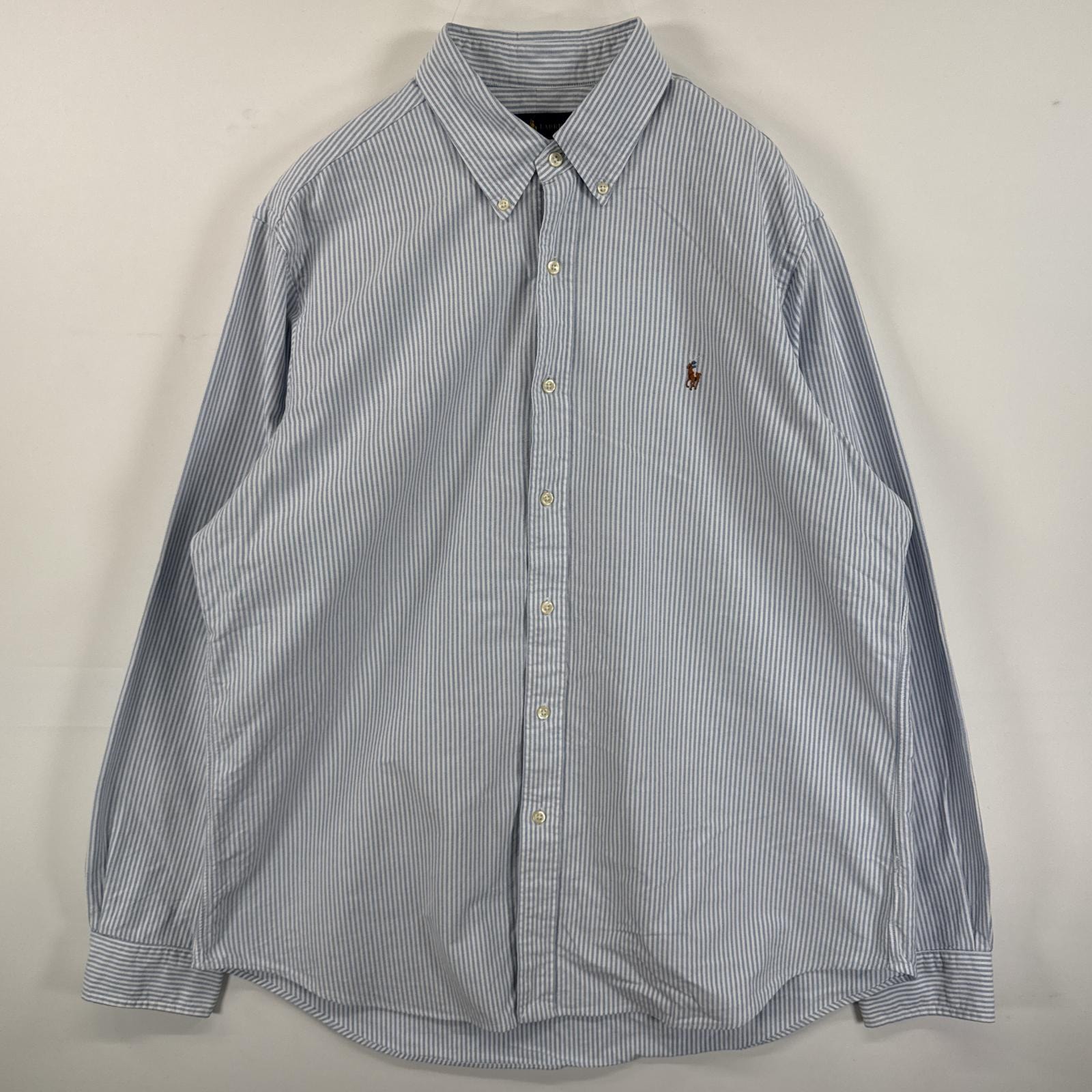古着 ラルフローレン RALPH LAUREN 長袖シャツ ボタンダウンシャツ ワンポイント 刺繍 大きいサイズ XL  水色系 ストライプ メンズ