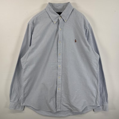 古着 ラルフローレン RALPH LAUREN 長袖シャツ ボタンダウンシャツ ワンポイント 刺繍 大きいサイズ XL 水色系 ストライプ メンズ