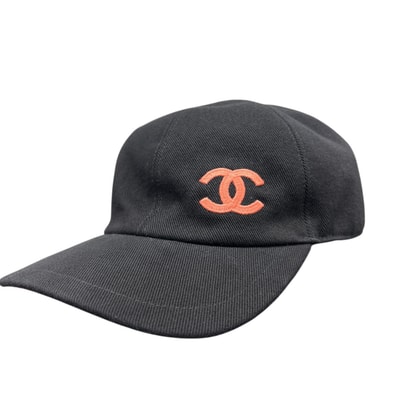 CHANEL 極美品 シャネル ココマーク エンブロイダリー ベースボール キャップ ロゴ 刺繍 帽子 ブラック オレンジ Aランク 中古 鑑定済 シャネルキャップ