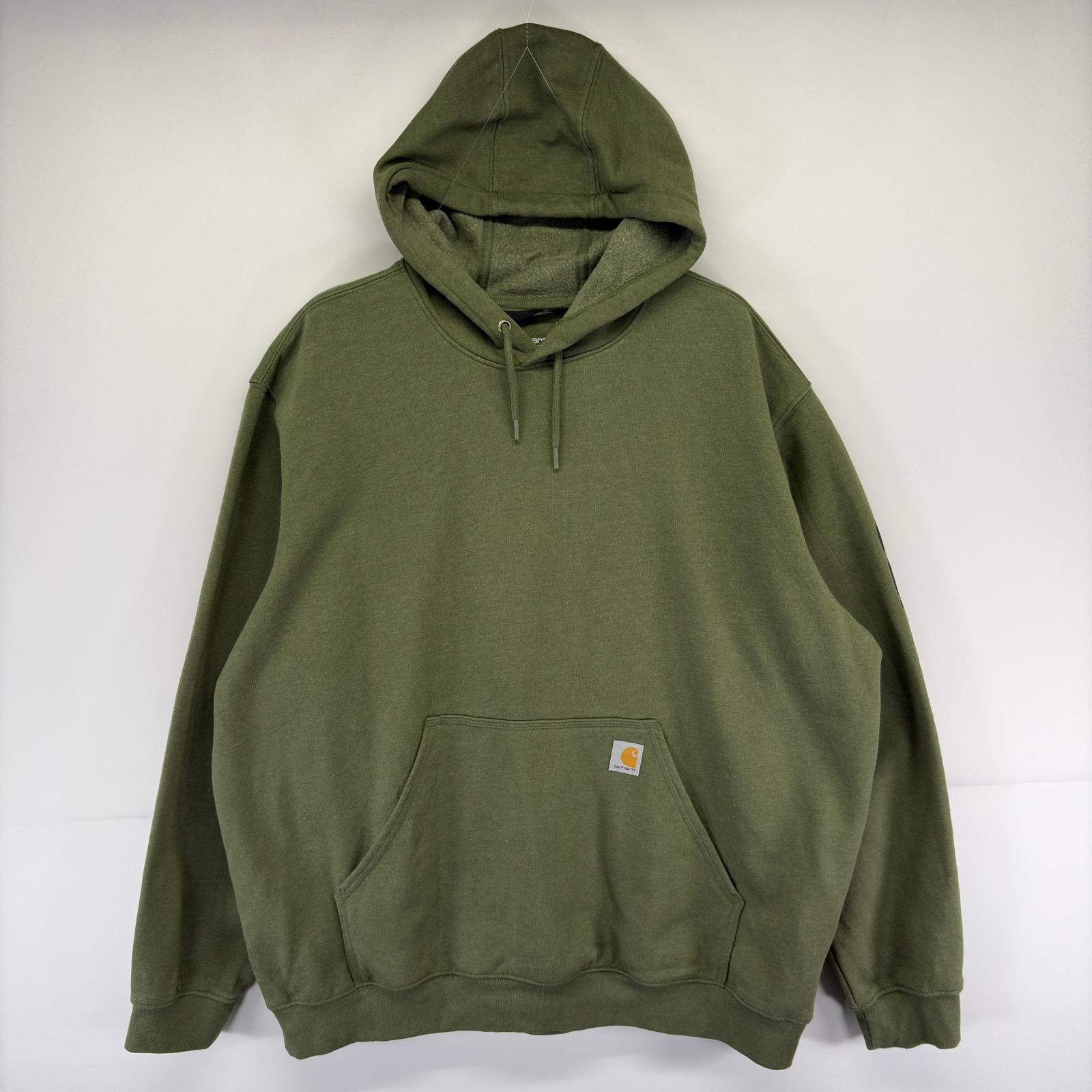 古着 カーハート Carhartt パーカー 袖ロゴ 大きいサイズ  フーディ スウェット プルオーバー  2XL  グリーン系 メンズ