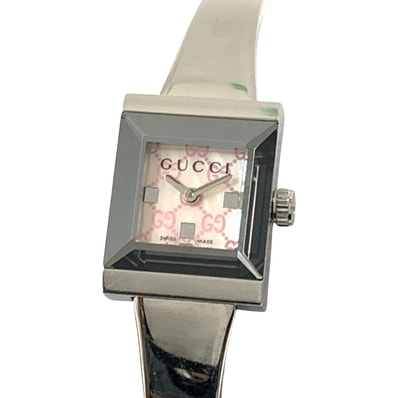 GUCCI グッチ 128.5 Gフレーム スクエア バングルウォッチ 腕時計 シルバー x ピンク