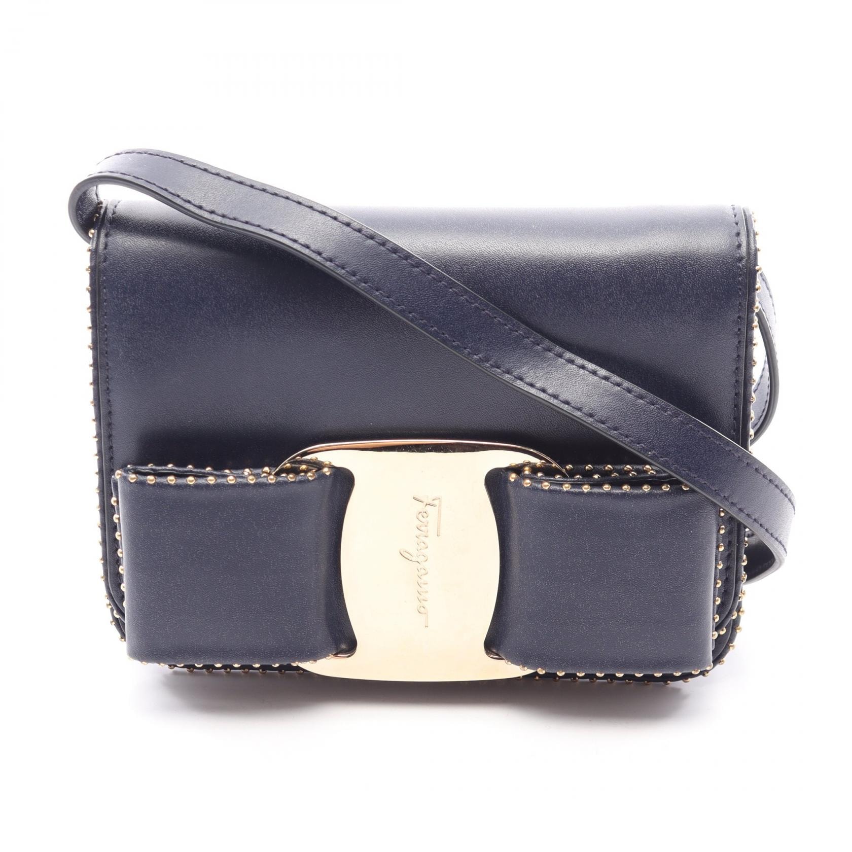 サルヴァトーレフェラガモ Salvatore Ferragamo ヴァラリボン ミニ ショルダーバッグ バッグ レザー レディース ネイビー系 【中古】