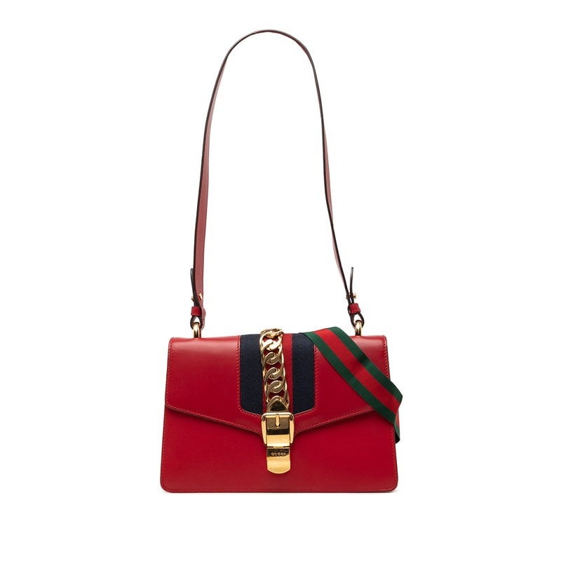 グッチ シルヴィ シェリーライン ショルダーバッグ ワンショルダー 421882 レッド ネイビー レザー メッキ レディース GUCCI 【中古】