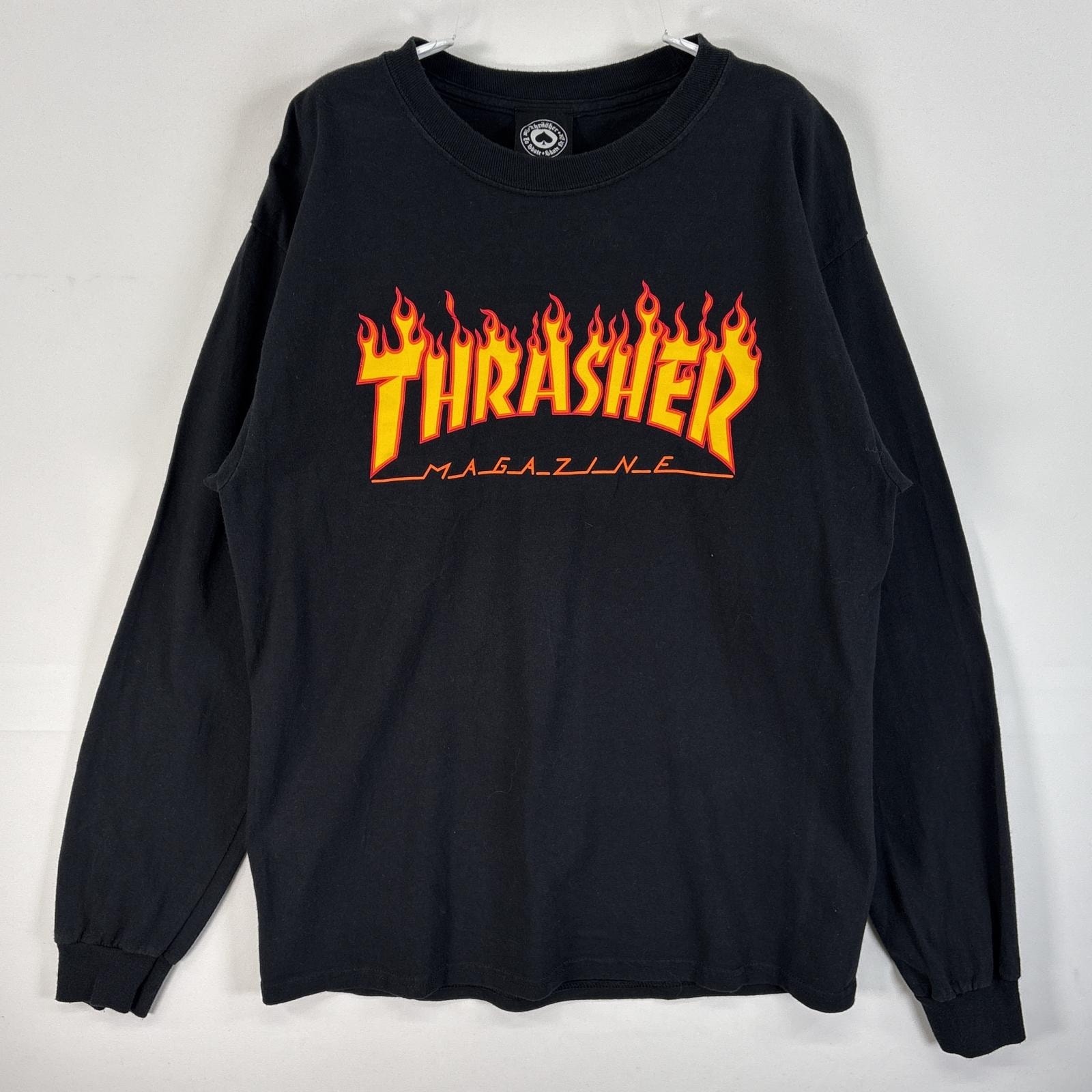 古着 スラッシャー THRASHER 長袖Tシャツ ラバープリント ロゴ ファイヤーデザイン スケボー M ブラック メンズ
