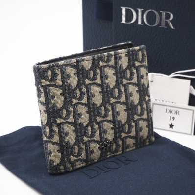 美品 Dior ディオール ディオール オブリーク ジャカード コインケース付き ウォレット 2OBBH027YSE_H05E 二つ折り財布 ネイビー ベージュ キャンバス レザー メンズ