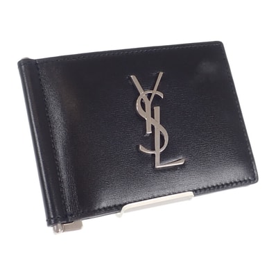 サンローラン SAINT LAURENT カサンドラカードホルダー マネークリップ付き二つ折り 4856300SX0E1000 カードケース カーフ ブラック レディース メンズ【中古】【Aランク】