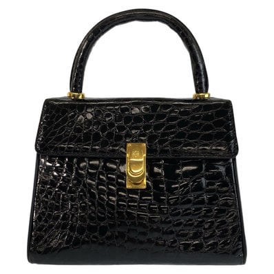 美品 LOEWE ロエベ ヴィンテージ アナグラム ブラック 黒 ゴールド金具 クロコダイル ハンドバッグ 600651 【中古】