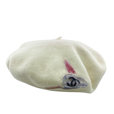 シャネル CHANEL ベレー帽 ビニールCC ウール キャップ 帽子 ヴィンテージ アイボリー