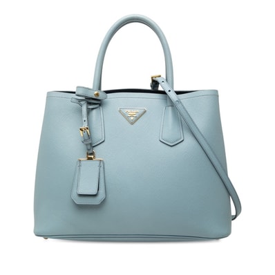 プラダ 三角ロゴプレート ドゥーブル ハンドバッグ ショルダーバッグ 2WAY ライトブルー サフィアーノレザー レディース PRADA 中古