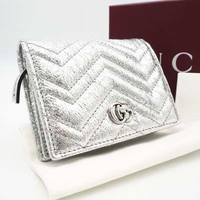 極美品 GUCCI グッチ GGマーモント ダブルG ミニウォレット 466492 二つ折り財布 シルバー レザー レディース