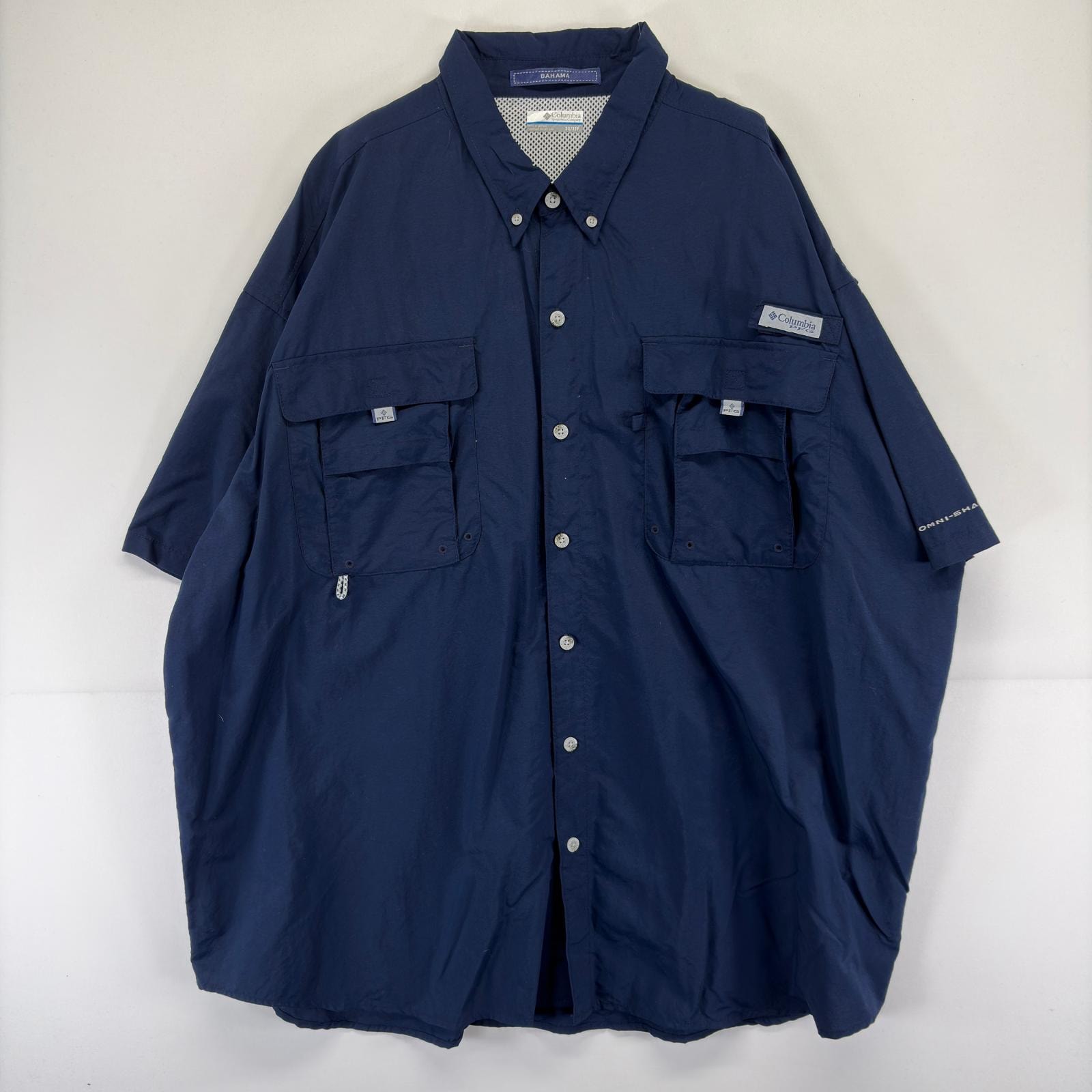 古着 コロンビア Columbia 半袖シャツ ワンポイント 胸ポケット フィッシング PFG OMNI-SHADE 大きいサイズ 刺繍 3XL  ネイビー メンズ